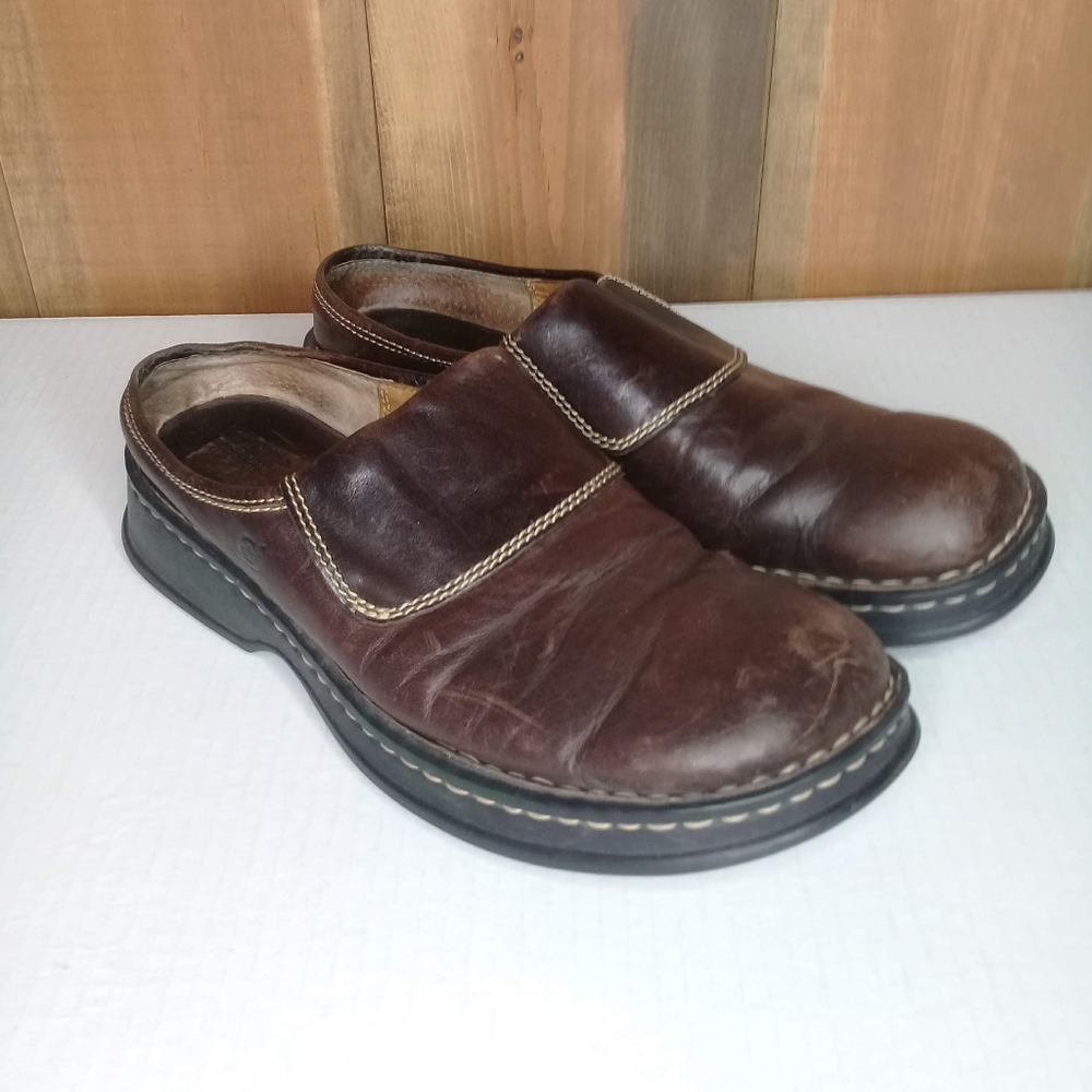 BORN Brown Leather Heeled Wedge Mule Clog Slip On Vintage B9408 Y2k Sz 10
